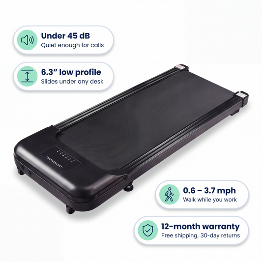 WalkFlow Pro under-desk treadmill in black, labelled 45 dB, 6.3 inch low profile and 0.6 to 3.7 mph